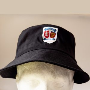 Black Battle of Evesham Bucket Hats with white logo printed on front