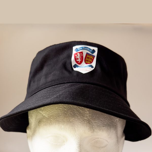 Black Battle of Evesham Bucket Hats with white logo printed on front